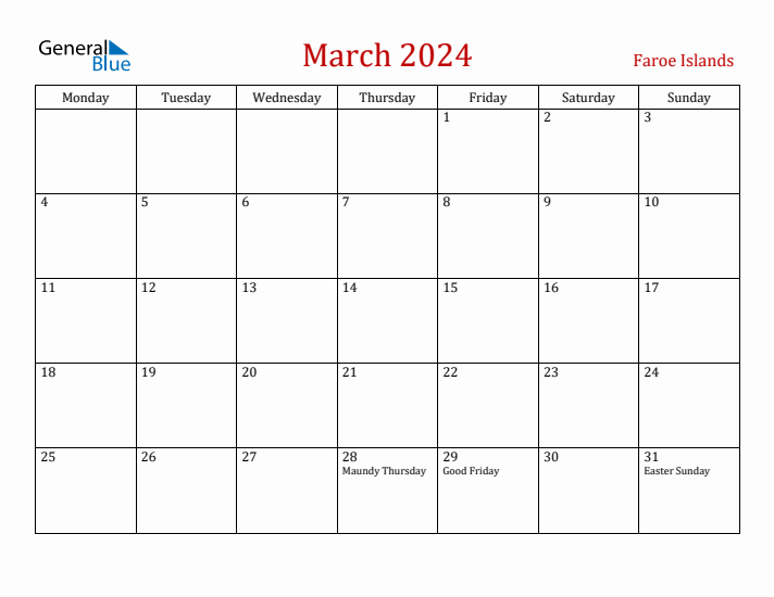 Faroe Islands March 2024 Calendar - Monday Start