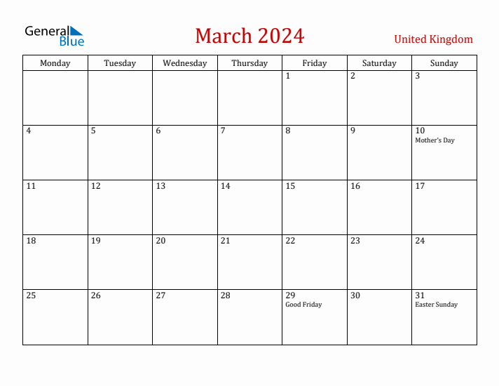 United Kingdom March 2024 Calendar - Monday Start