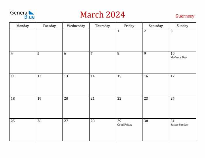 Guernsey March 2024 Calendar - Monday Start