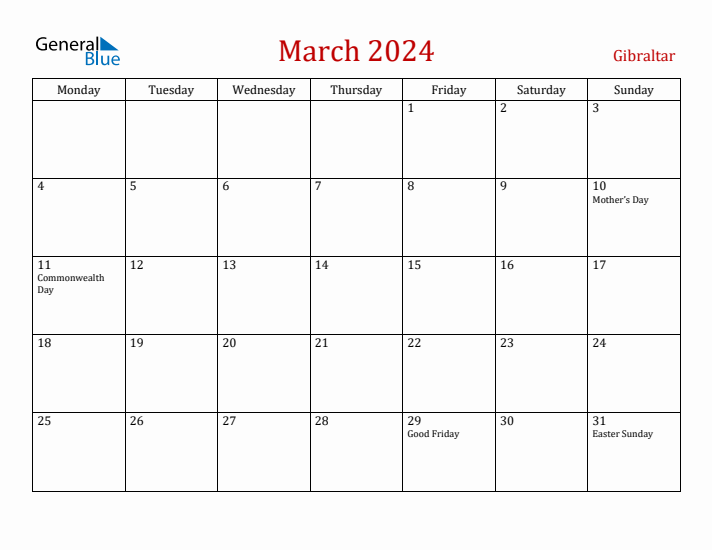 Gibraltar March 2024 Calendar - Monday Start