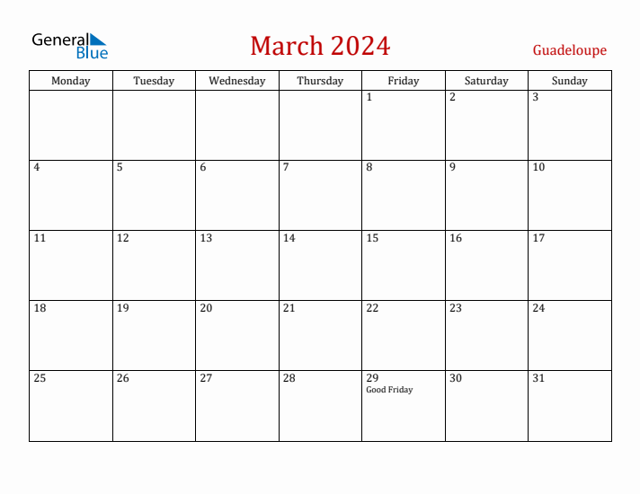 Guadeloupe March 2024 Calendar - Monday Start