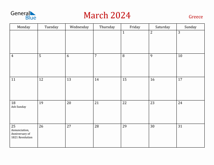 Greece March 2024 Calendar - Monday Start