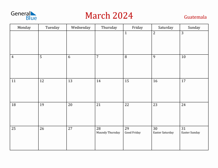 Guatemala March 2024 Calendar - Monday Start