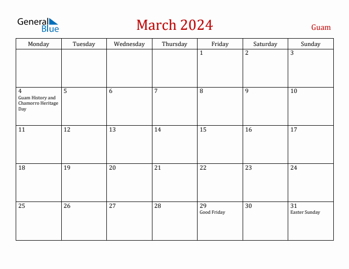 Guam March 2024 Calendar - Monday Start