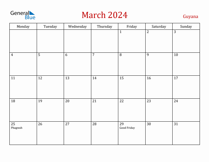 Guyana March 2024 Calendar - Monday Start