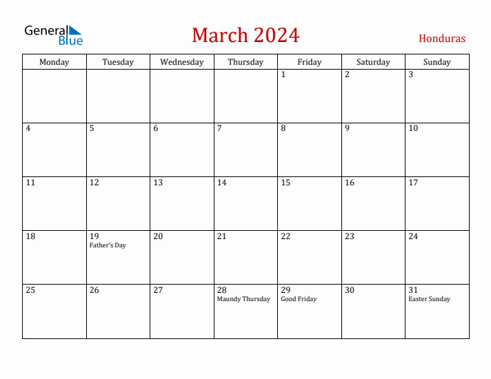 Honduras March 2024 Calendar - Monday Start