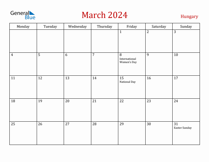 Hungary March 2024 Calendar - Monday Start