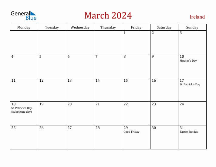 Ireland March 2024 Calendar - Monday Start