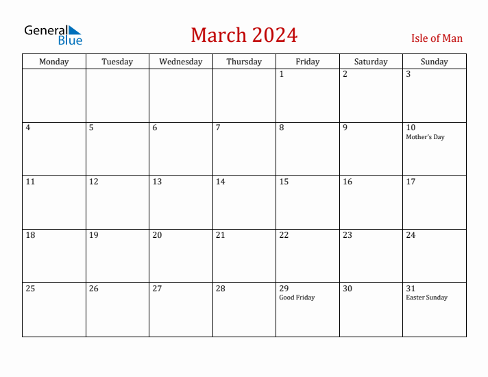 Isle of Man March 2024 Calendar - Monday Start
