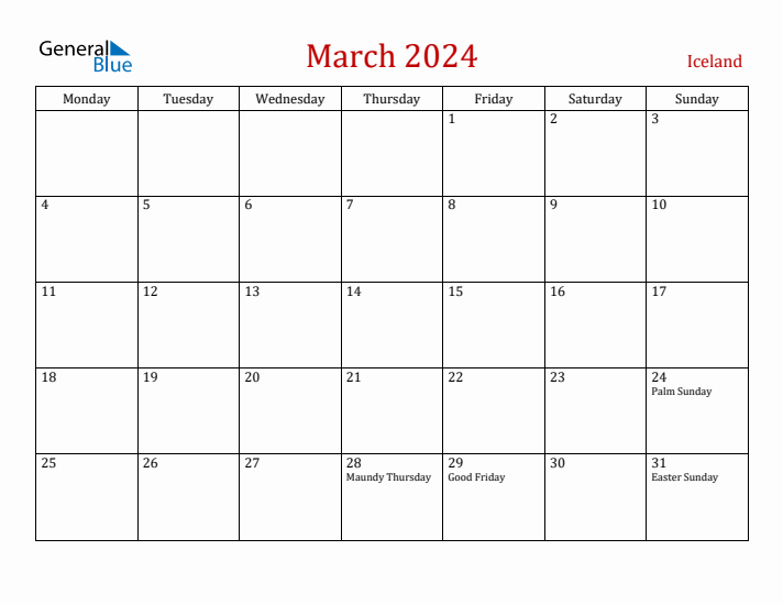 Iceland March 2024 Calendar - Monday Start