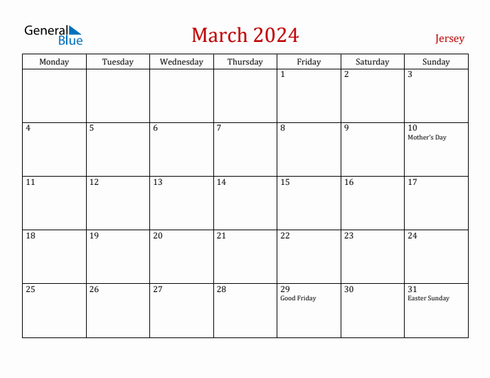 Jersey March 2024 Calendar - Monday Start