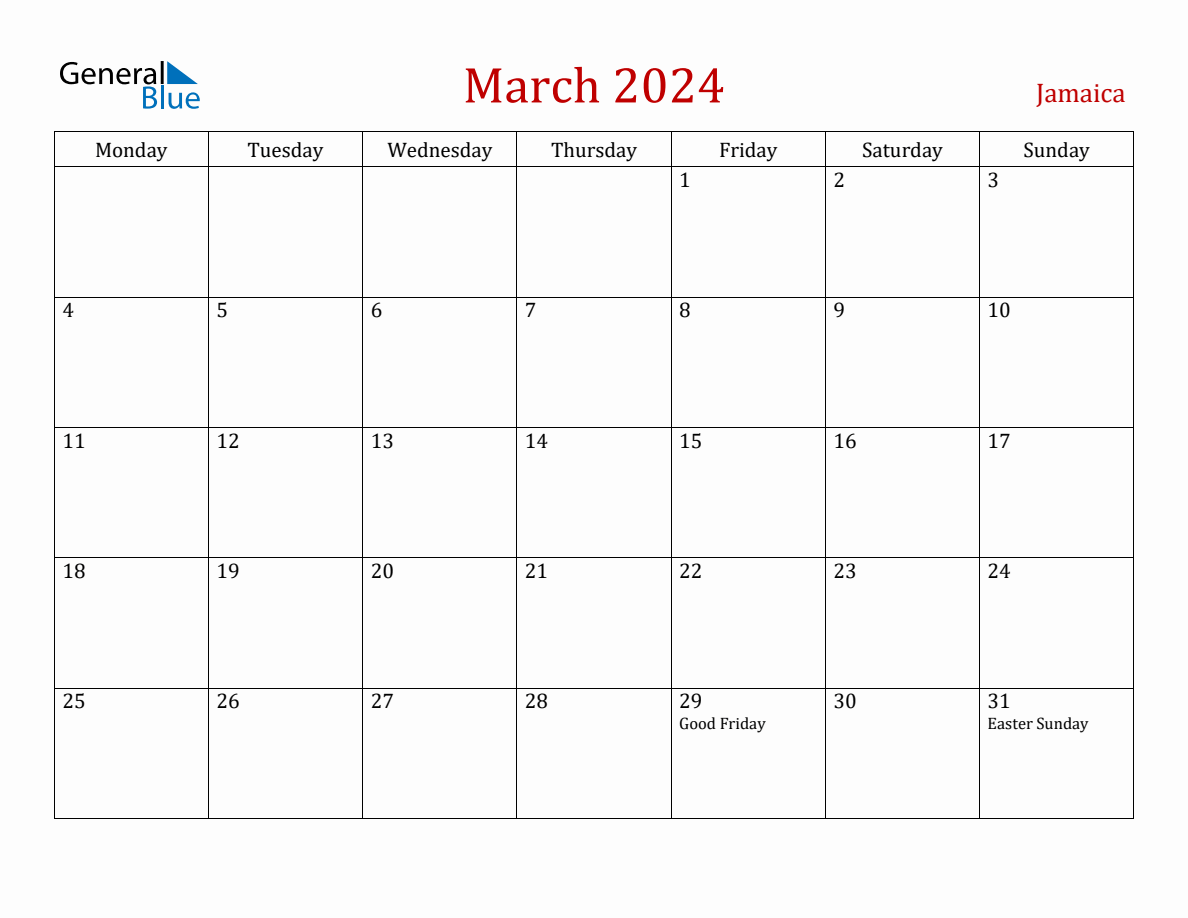 March 2024 Jamaica Monthly Calendar with Holidays