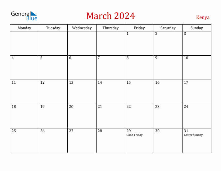 Kenya March 2024 Calendar - Monday Start