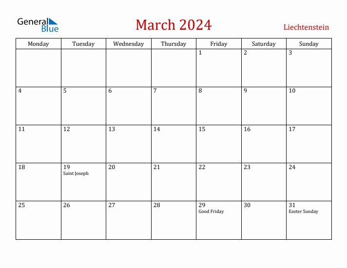 Liechtenstein March 2024 Calendar - Monday Start