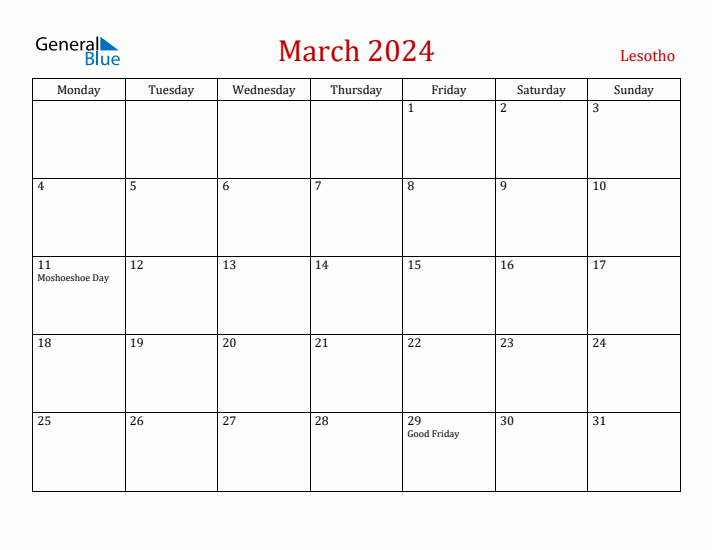 Lesotho March 2024 Calendar - Monday Start