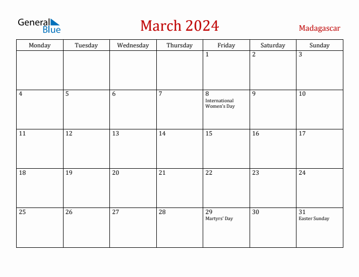 Madagascar March 2024 Calendar - Monday Start