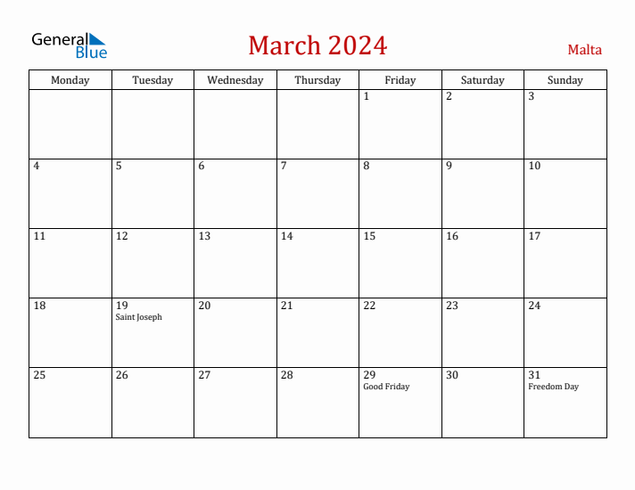 Malta March 2024 Calendar - Monday Start