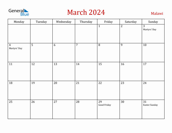 Malawi March 2024 Calendar - Monday Start