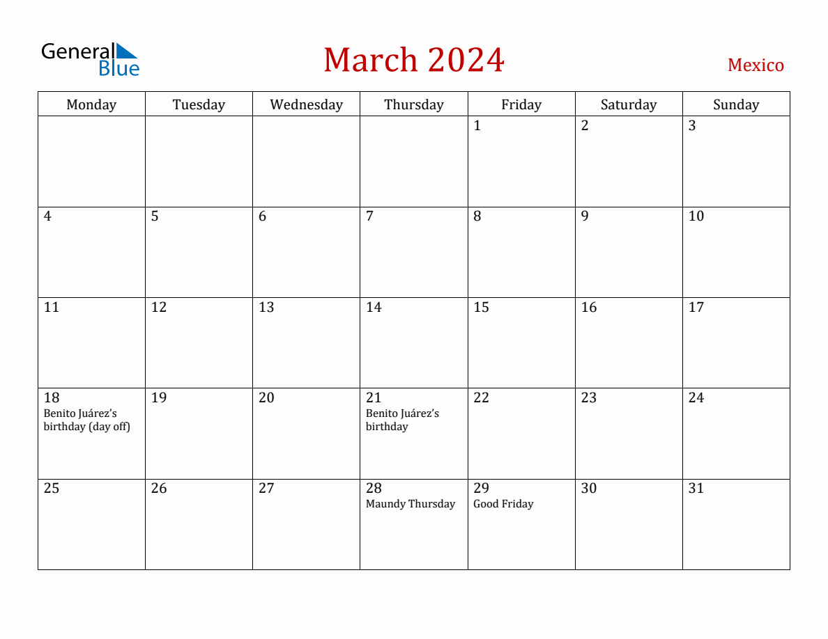 March 2024 Mexico Monthly Calendar with Holidays