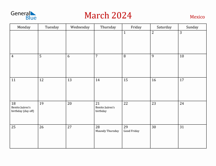 Mexico March 2024 Calendar - Monday Start