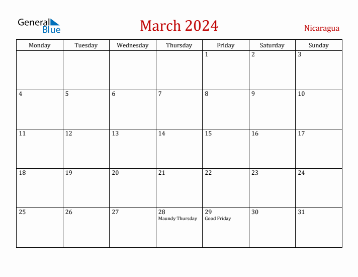 Nicaragua March 2024 Calendar - Monday Start
