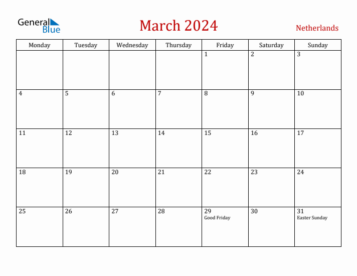 The Netherlands March 2024 Calendar - Monday Start