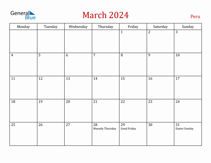 Peru March 2024 Calendar - Monday Start