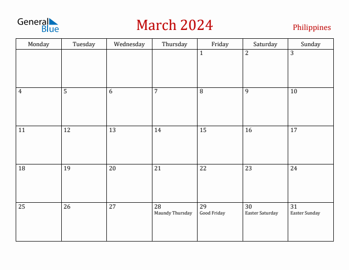 Philippines March 2024 Calendar - Monday Start
