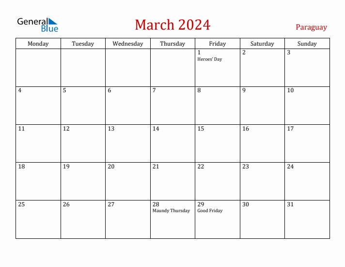 Paraguay March 2024 Calendar - Monday Start