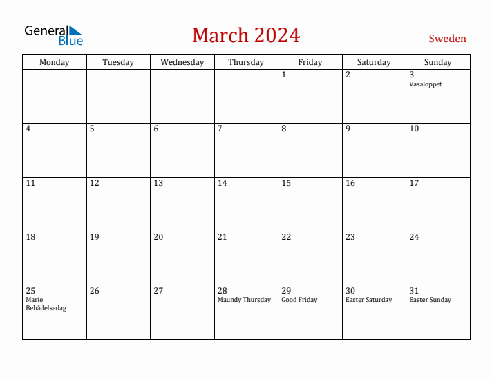 Sweden March 2024 Calendar - Monday Start
