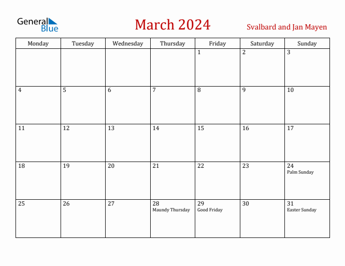 Svalbard and Jan Mayen March 2024 Calendar - Monday Start