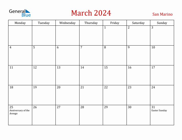 San Marino March 2024 Calendar - Monday Start