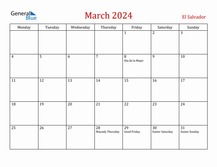 El Salvador March 2024 Calendar - Monday Start