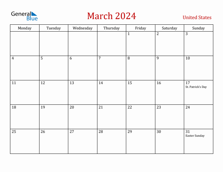 United States March 2024 Calendar - Monday Start