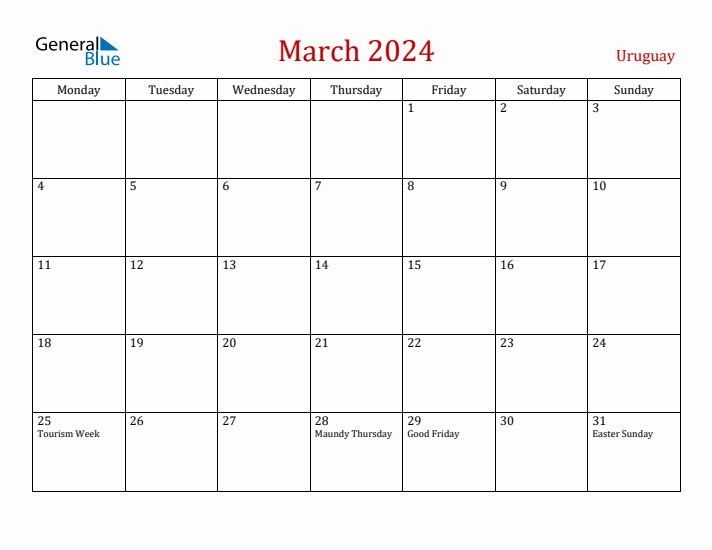 Uruguay March 2024 Calendar - Monday Start