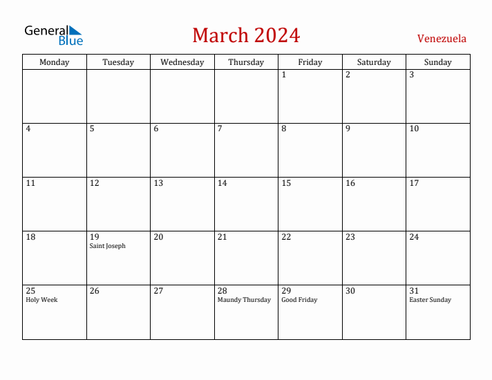 Venezuela March 2024 Calendar - Monday Start