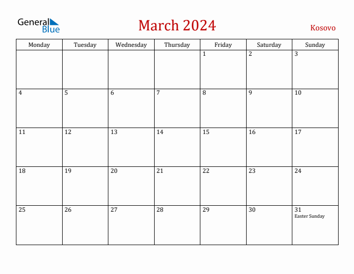 Kosovo March 2024 Calendar - Monday Start