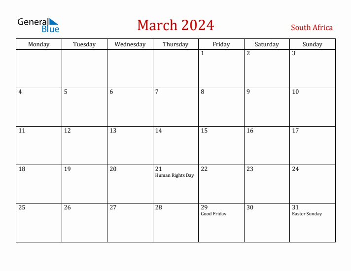 South Africa March 2024 Calendar - Monday Start