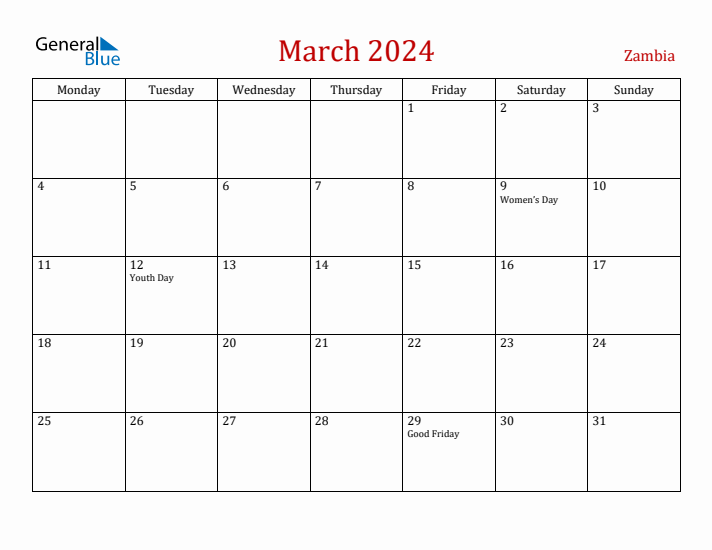 Zambia March 2024 Calendar - Monday Start