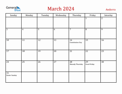 Current month calendar with Andorra holidays for March 2024