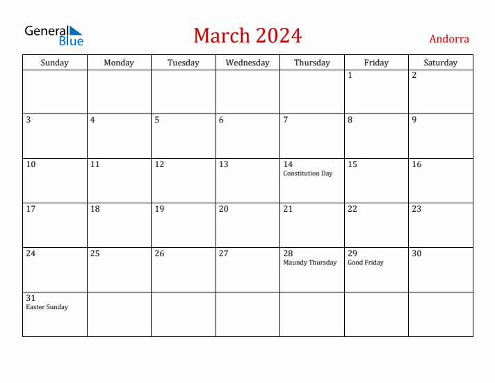 Andorra March 2024 Calendar - Sunday Start