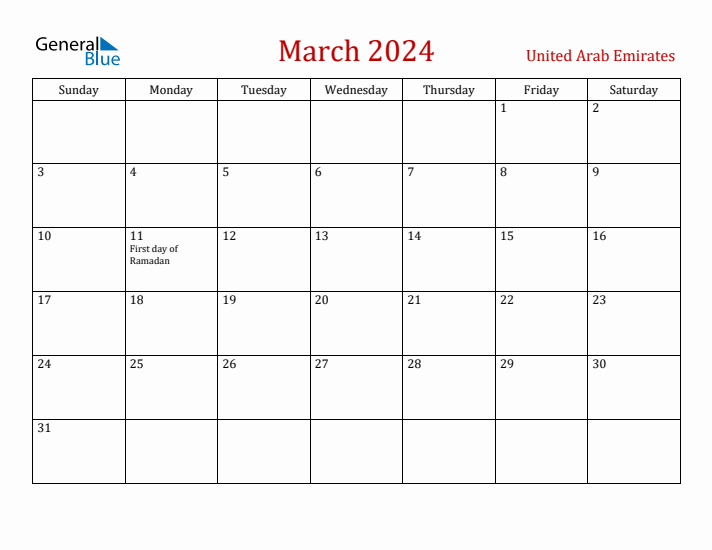 United Arab Emirates March 2024 Calendar - Sunday Start
