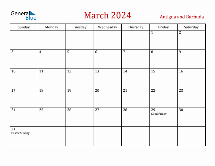 Antigua and Barbuda March 2024 Calendar - Sunday Start