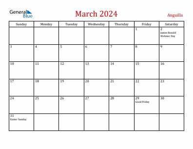 Current month calendar with Anguilla holidays for March 2024