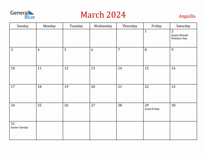 Anguilla March 2024 Calendar - Sunday Start