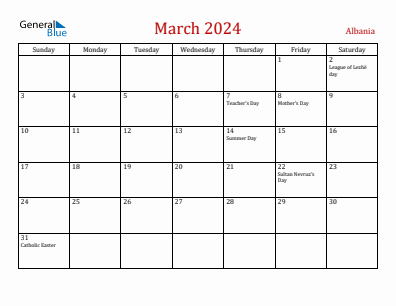Current month calendar with Albania holidays for March 2024