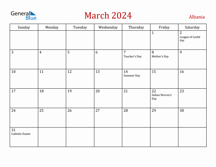 Albania March 2024 Calendar - Sunday Start