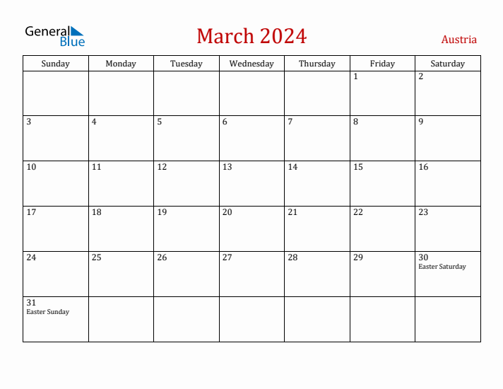 Austria March 2024 Calendar - Sunday Start