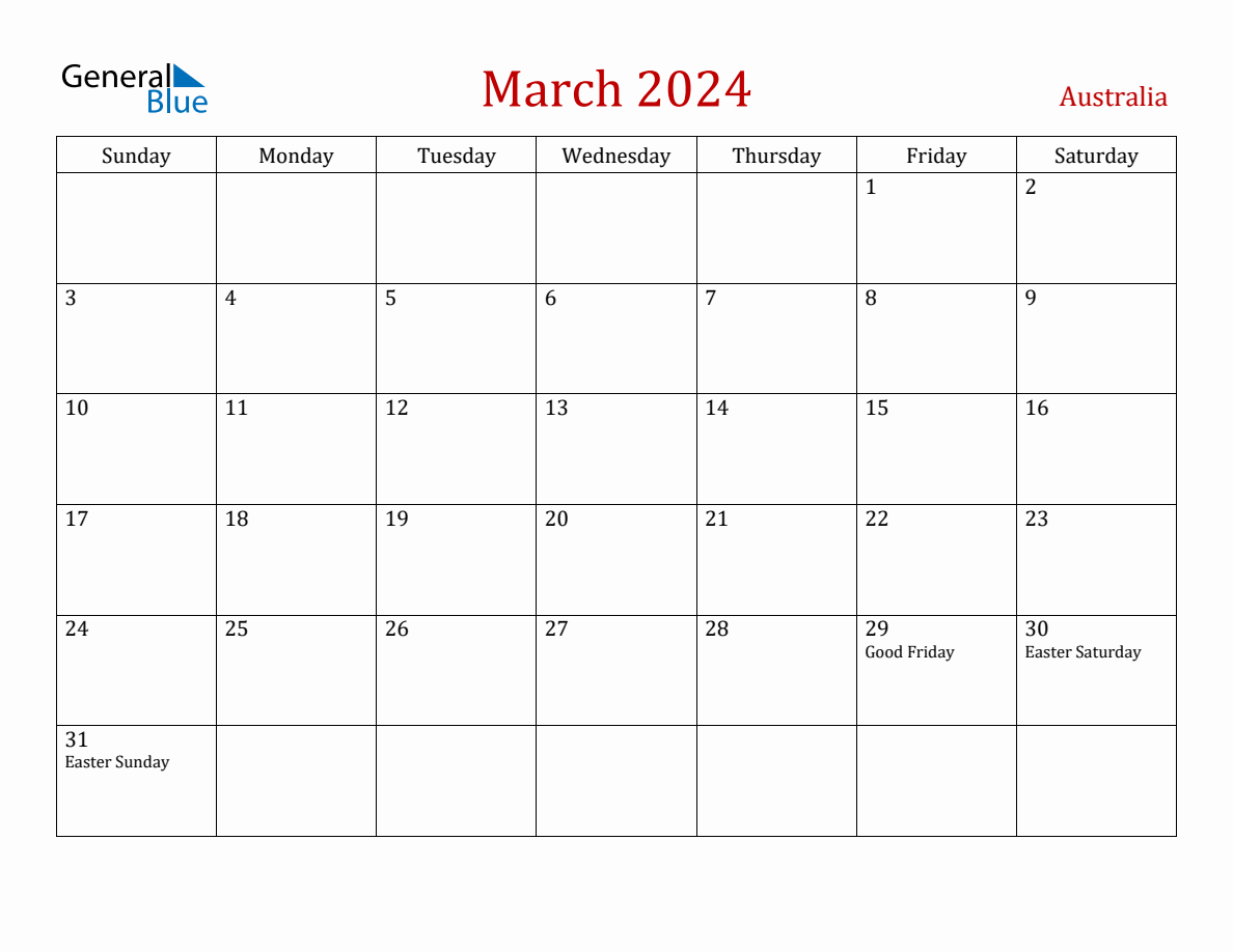 March 2024 Australia Monthly Calendar with Holidays