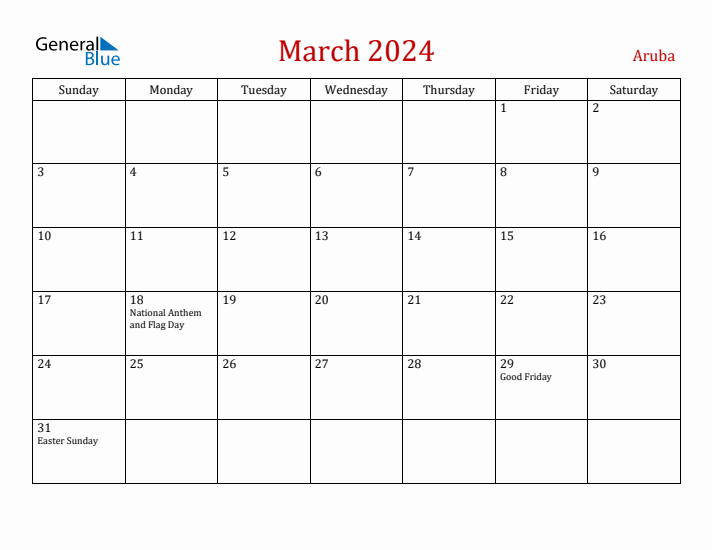 Aruba March 2024 Calendar - Sunday Start